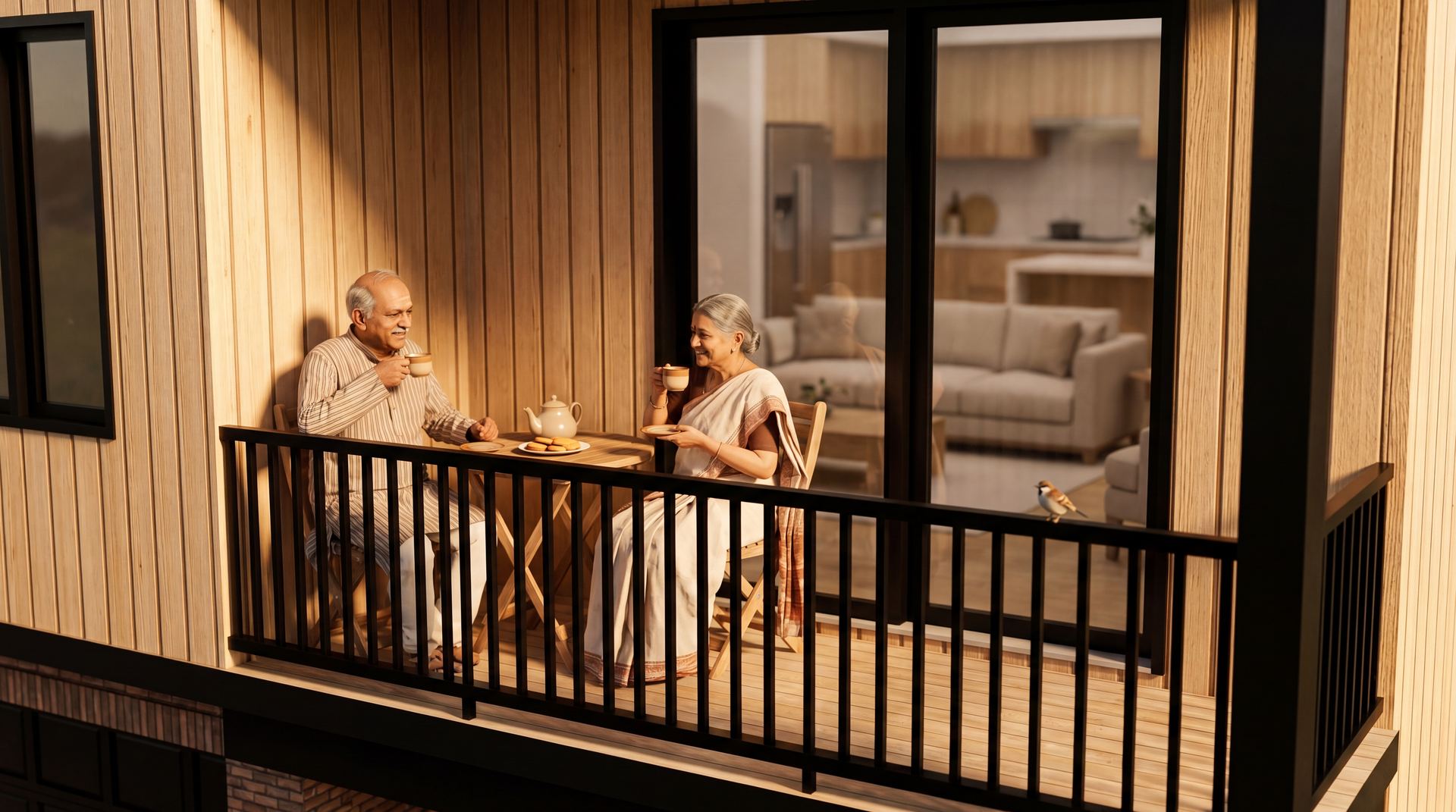 Couple enjoying tea on a sunlit balcony